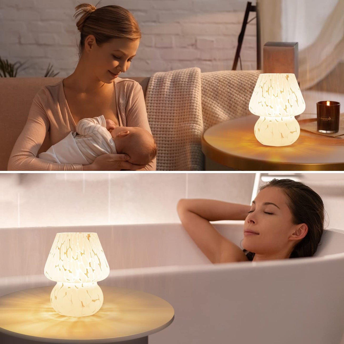ONEWISH Mushroom Lamp Small Bedside Table Lamp-Nightstand Nightlight Dimmable Stepless, Translucent Glass White Desk Lamp for Bedroom Dorm Living Kitchen, Murano Style Aesthetic Cute Home Decor