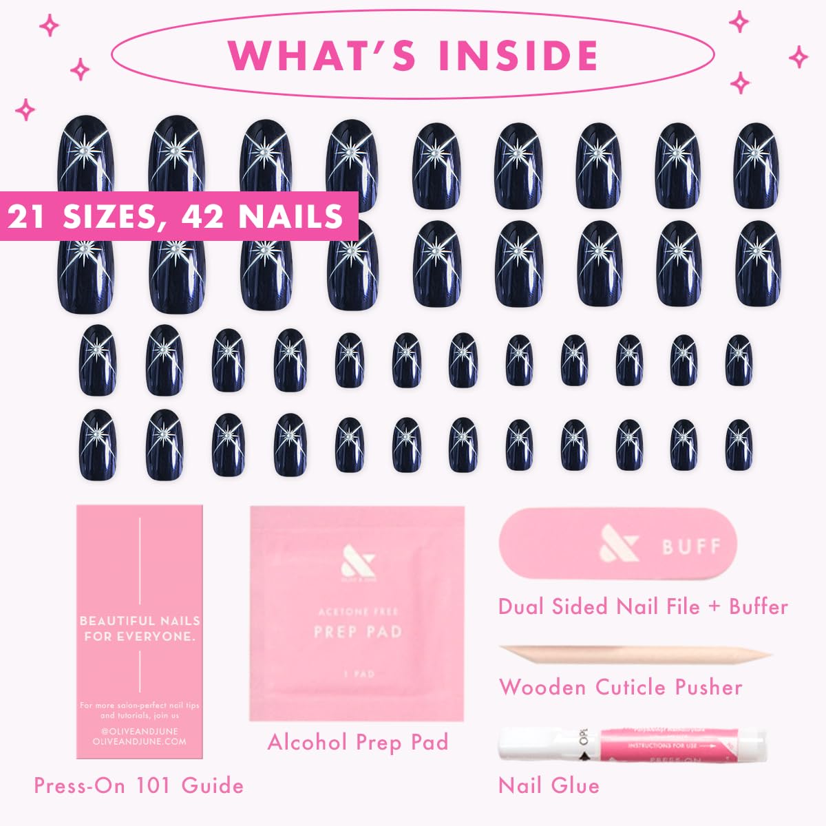 Olive & June Instant Mani Press-On Nails (Glue) | Star Wars: The Mandalorian & Grogu | 42 Fake Nails, 21 Sizes | Non-Toxic, Long-Lasting Up to 14 Days | Short, Round | Blue Celestial Chrome