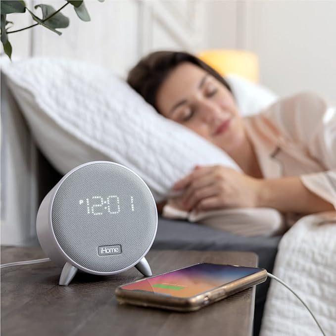 iHome Bluetooth Alarm Clock with 5W USB Charger, Dimmable LED Clock Display and Dual Alarms, Ideal for Bedroom, Home Office and Dorm Room