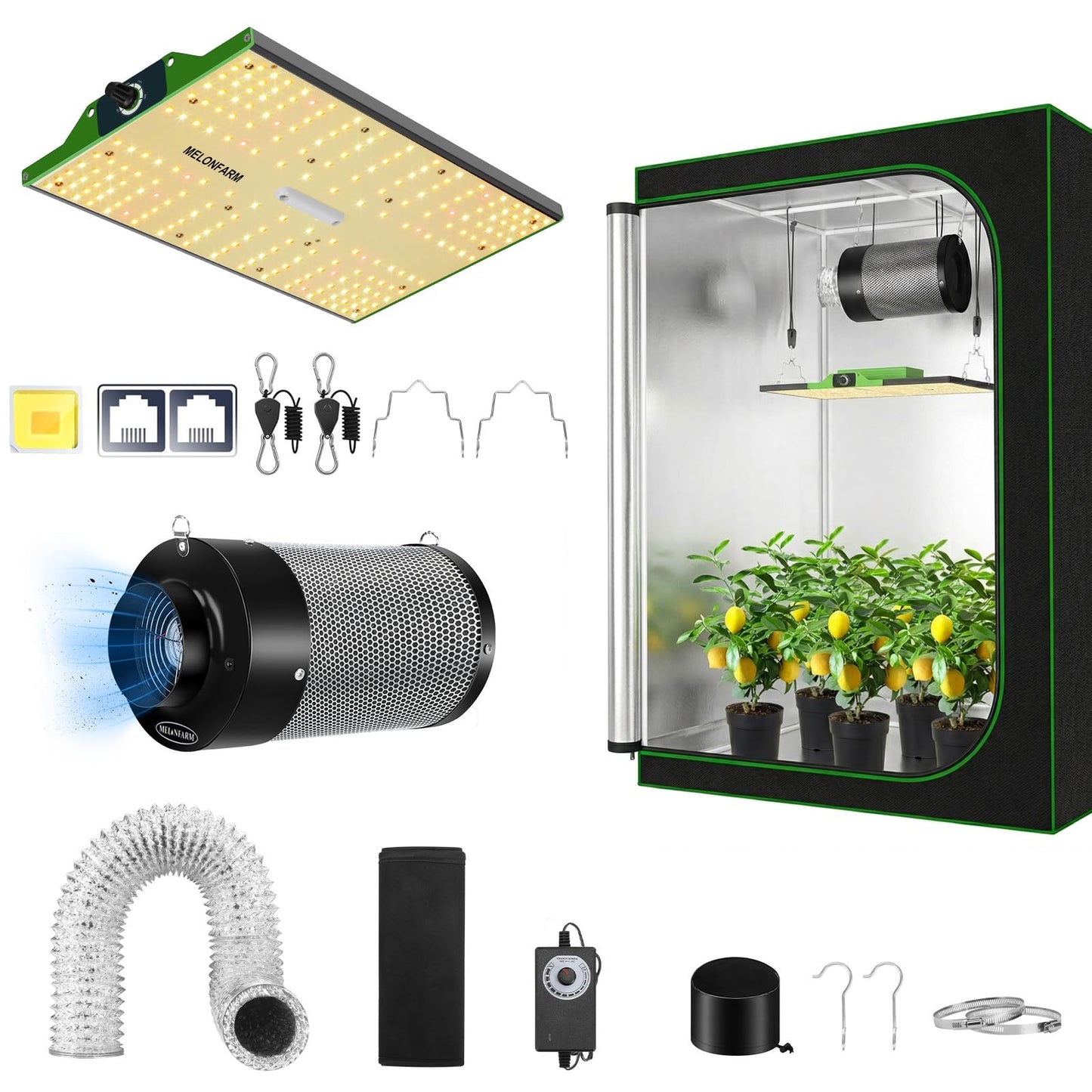MELONFARM Grow Tent Complete Setup, 100W Full Spectrum LED Grow Light &48"x24"x60"Grow Tent Bundle, 4" Efficient Airflow Ventilation System with Soundproof Duct Connector