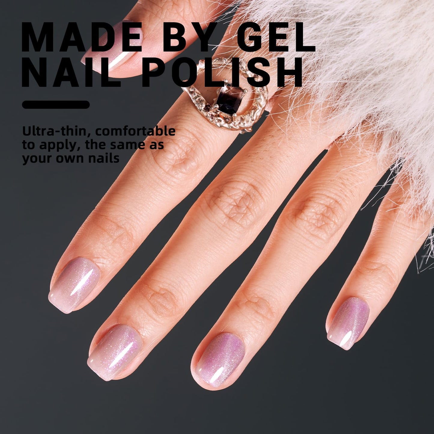 Wooyas Cat Eye Press on Nails Pink Glitter Press on Nails Short Square Handmade Fake Nail Set Glue on Nail 24PCS Glossy with Glue