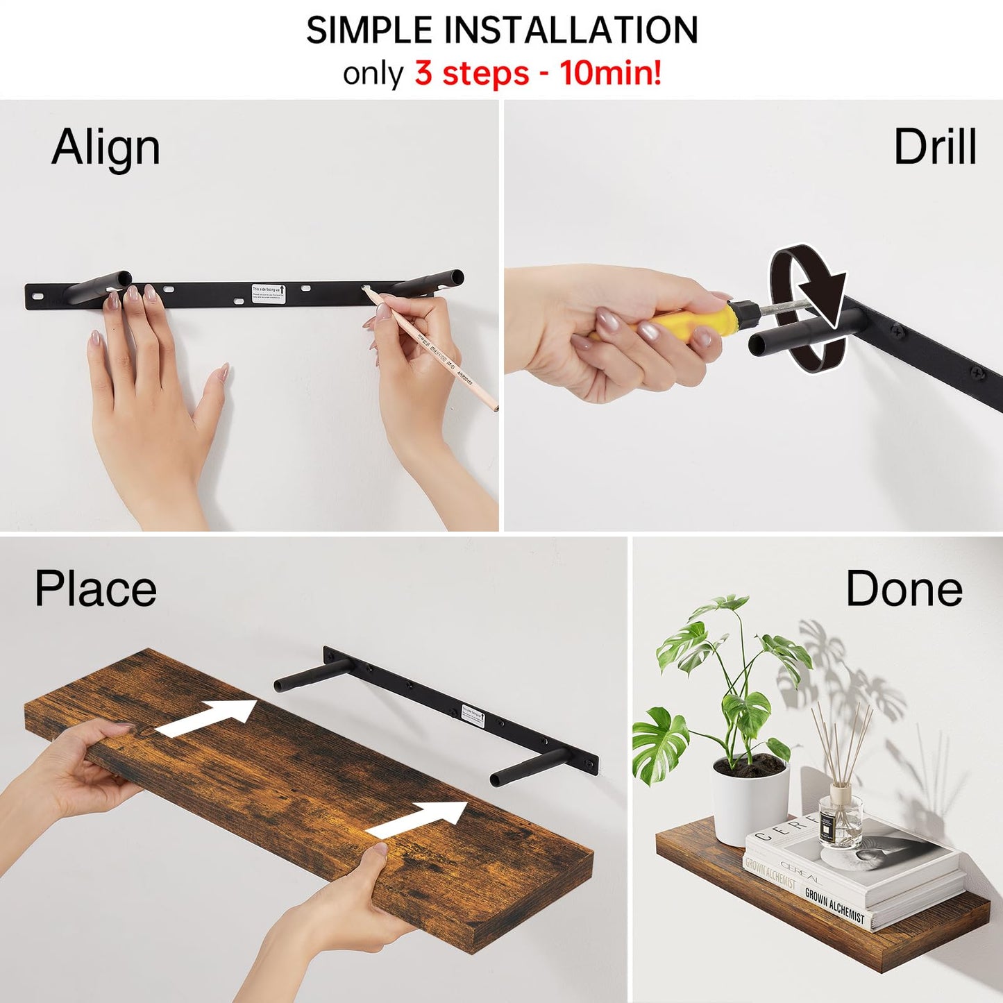 BAYKA Floating Shelves for Wall, Set of 3, 22.5 Inch Rustic Wood Wall Mounted Shelving for Bathroom, Bedroom, Living Room or Kitchen, Hanging Display Decor Book Shelf with 22 lbs, Rustic Brown