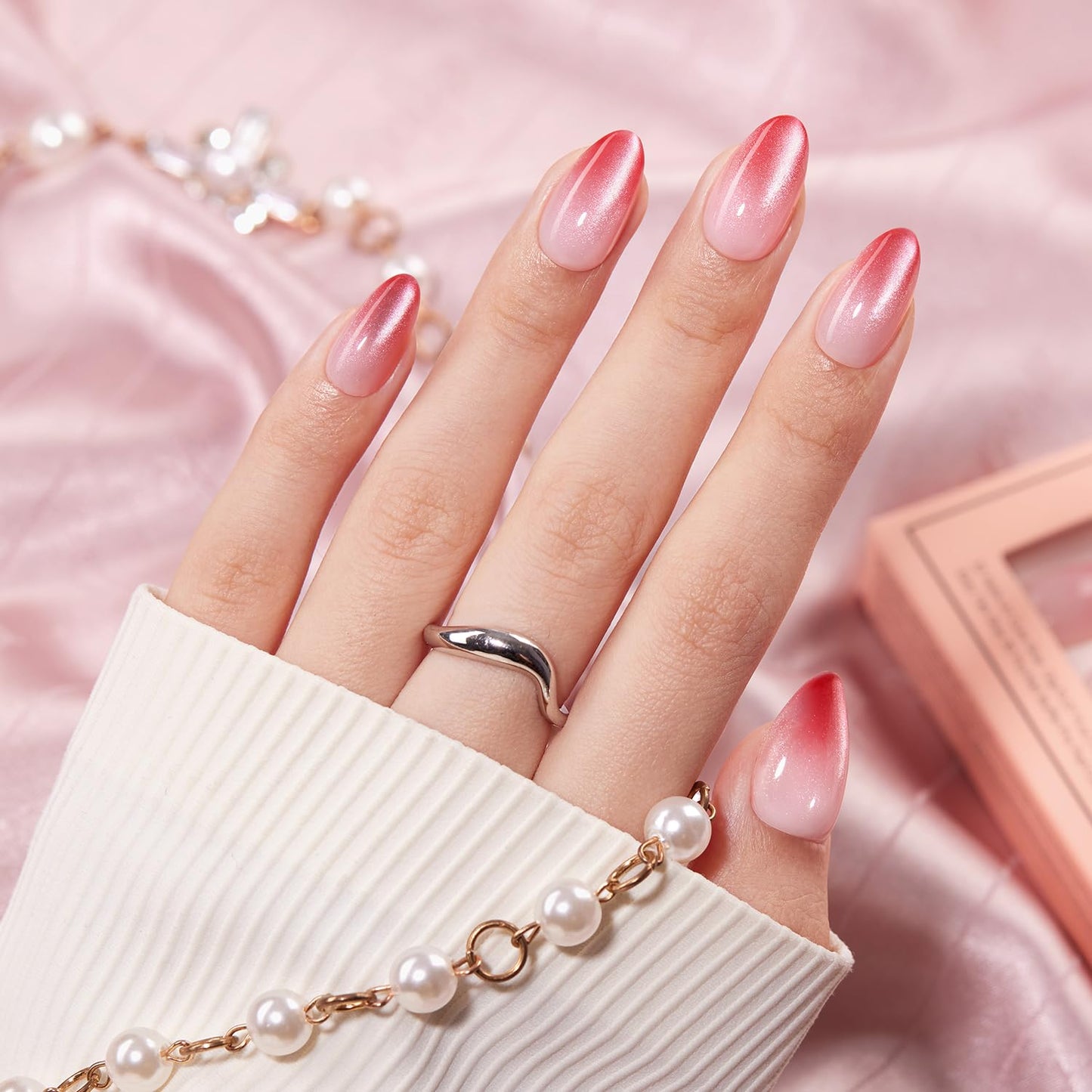 VSALON Press On Nails Short Almond, Pink Cat Eye Ombre Fake Nails Kit & Lamp