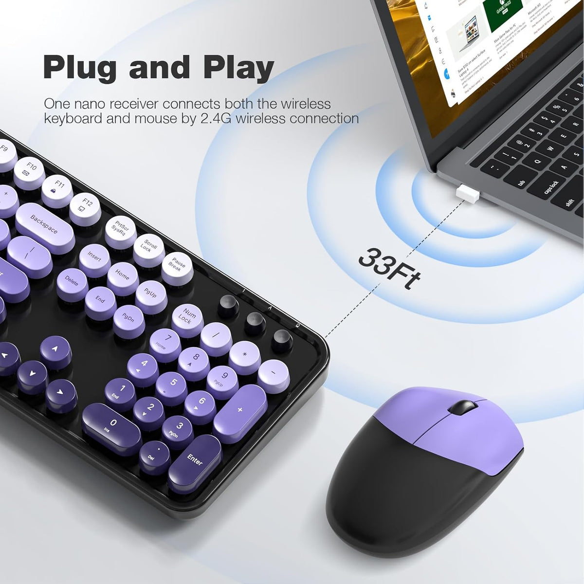 KNOWSQT Wireless Keyboard and Mouse Combo - Black-Purple Colorful 2.4G Typewriter Full-Size Cute Keyboards - USB Receiver Plug and Play, for Computer, PC, Laptop, Desktop, Windows