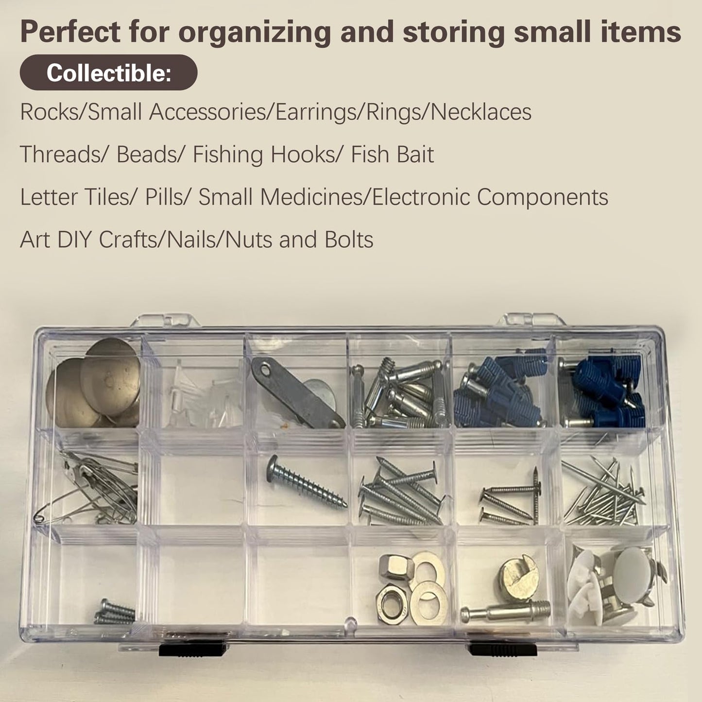 SnowTing 2 Pack 18 Grids Clear Plastic Organizer Box, Multi-grids Fixed Compartment Craft Storage Box for Beads, Fishing Tackles, Jewelry, Art Craft, Gem, Small Items