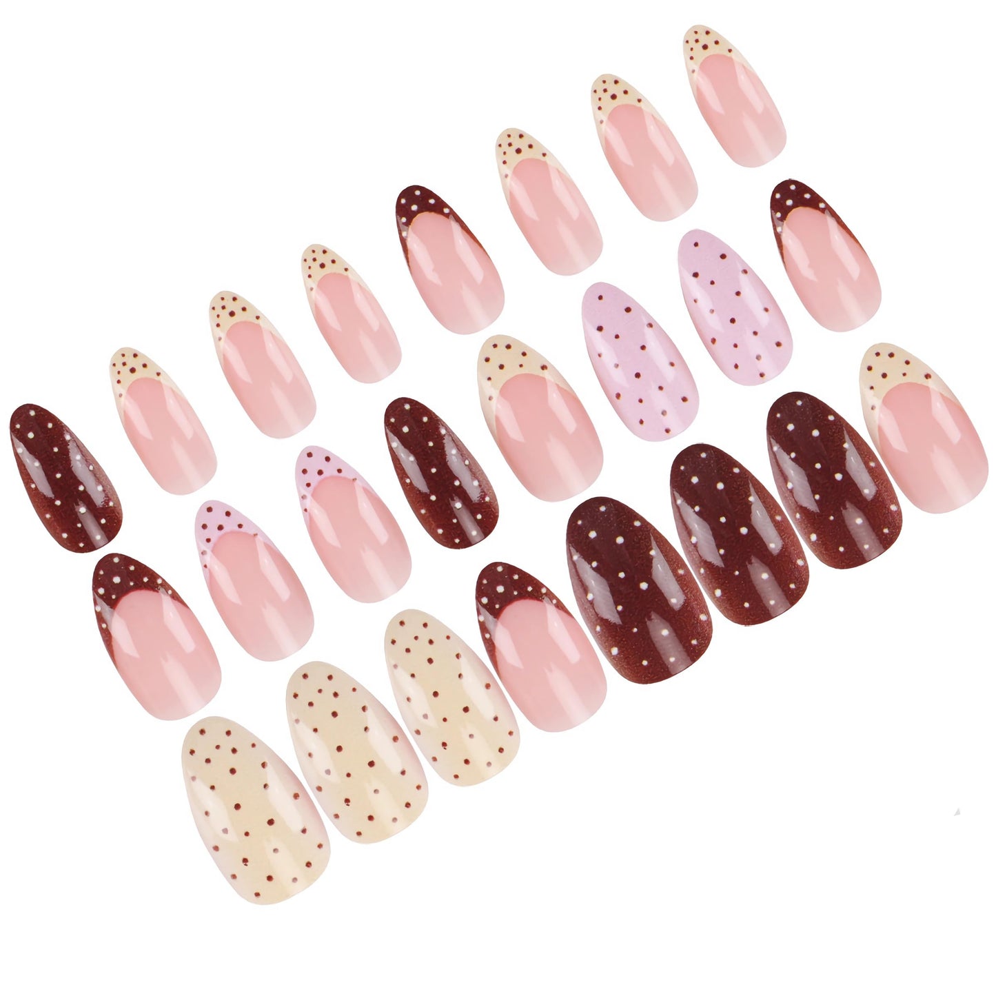 BABALAL Acrylic Press on Nails Short Almond Fake nails, Polka Dot, Brown Pink French Tip, Fall, Trendy, 24Pcs Glossy Full Cover Manicure False Nails with Glue