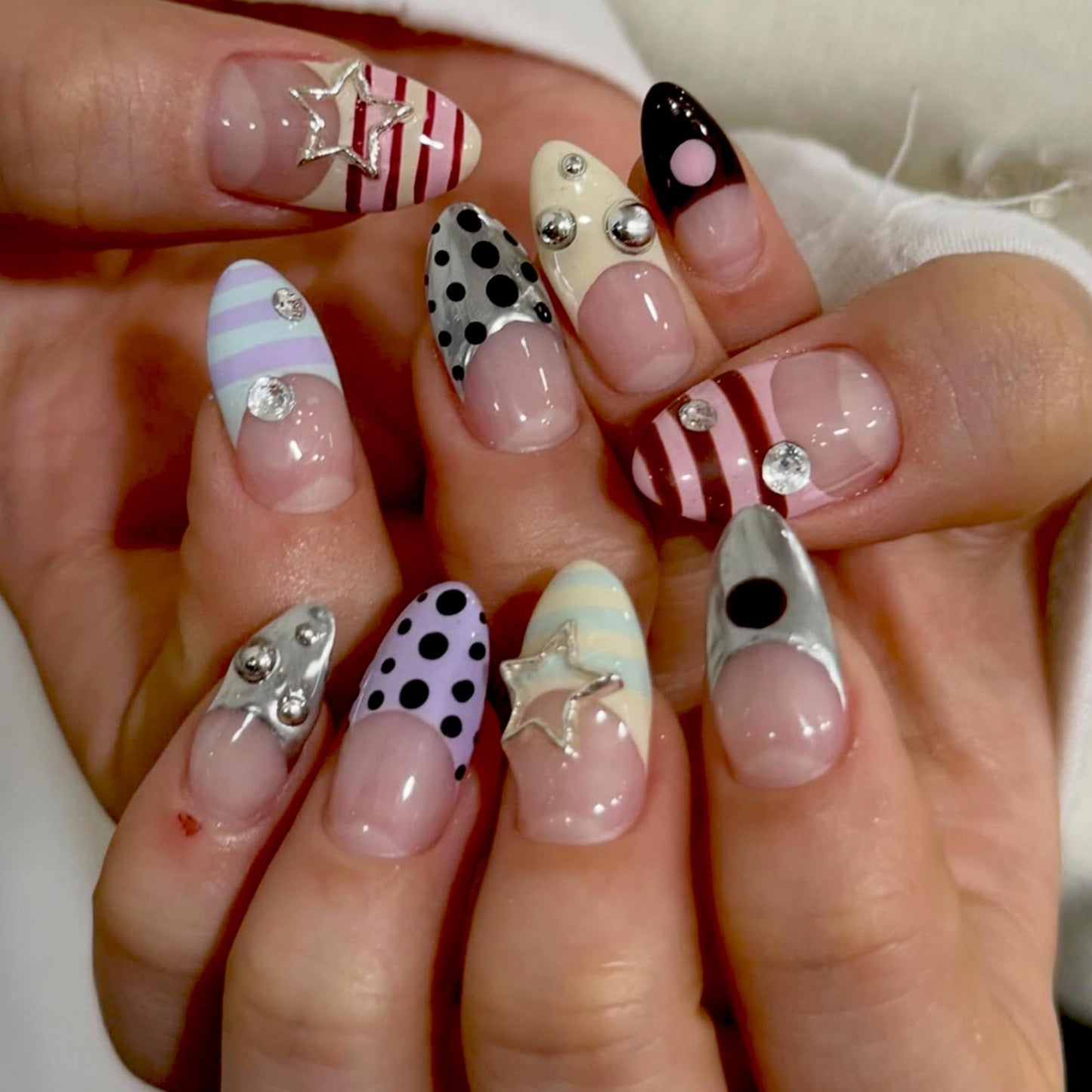 octoswave Press on Nails Long Almond Fake Nails Cute French Artificial Nail y2k Nail for Women 24pcs