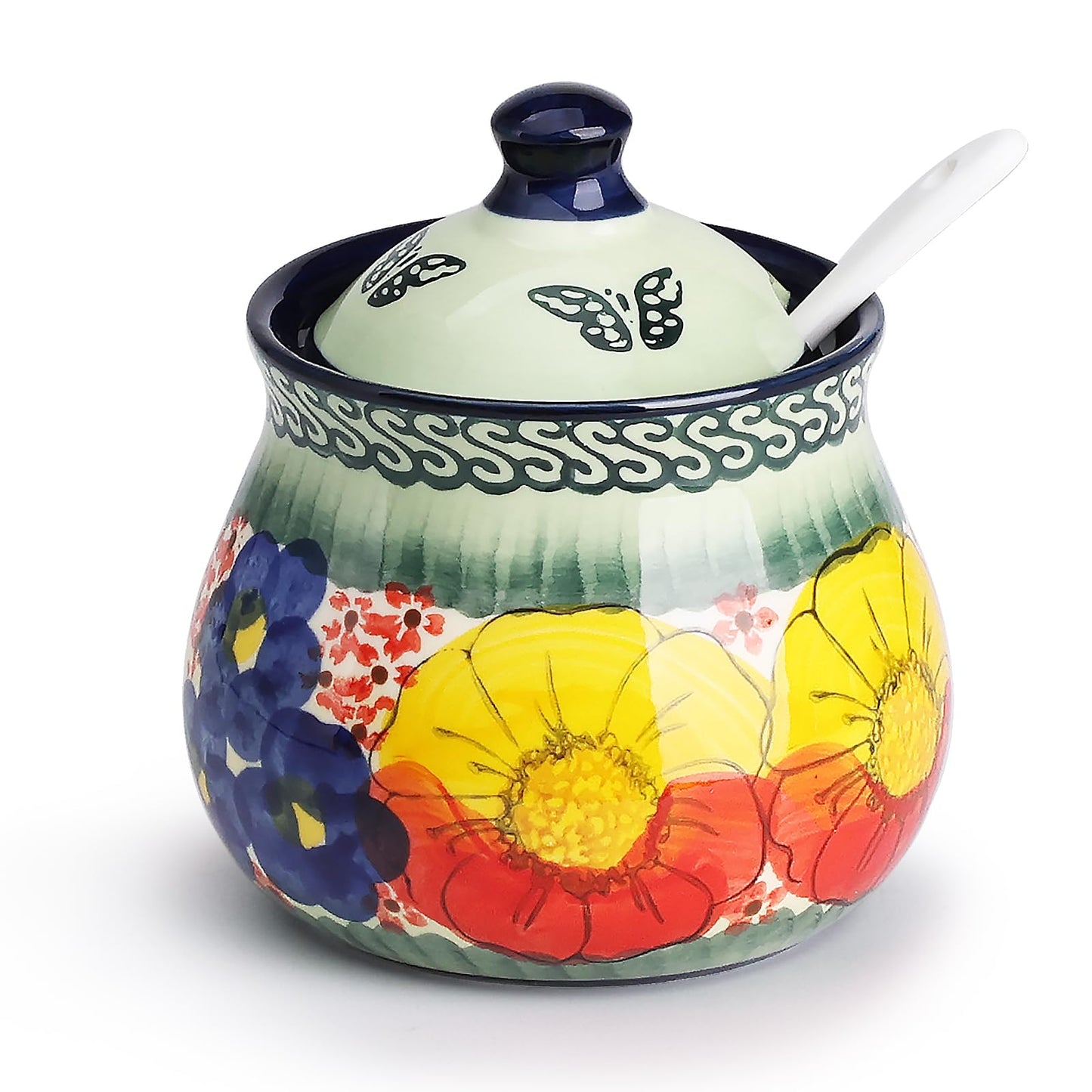 silesia Handmade Sugar Bowl with Lid and Spoon, 9 Ounce Ceramic Hand-Painted Sugar Jar for Home in Gift Box, Kitchen Decor, Oven, Dishwasher & Microwave Safe, Glazed Green