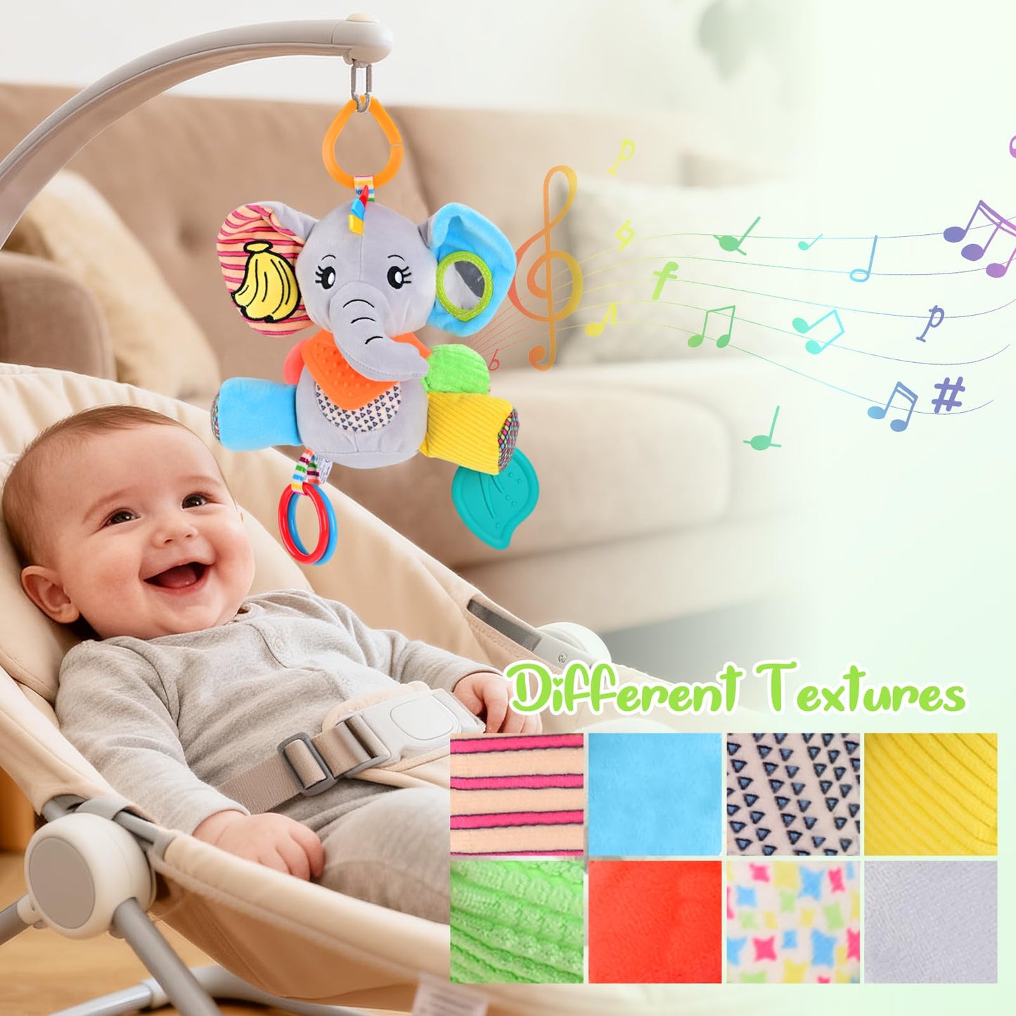 CaftyMids Baby Toys 0-6-12 Months: Elephant with Detachable Touch-Sensitive Sound Box (30 Sounds), Removable Bib, Teether, Rattle, BB Squeaker, Mirror | Attaches to Strollers, Car Seats, Carriers