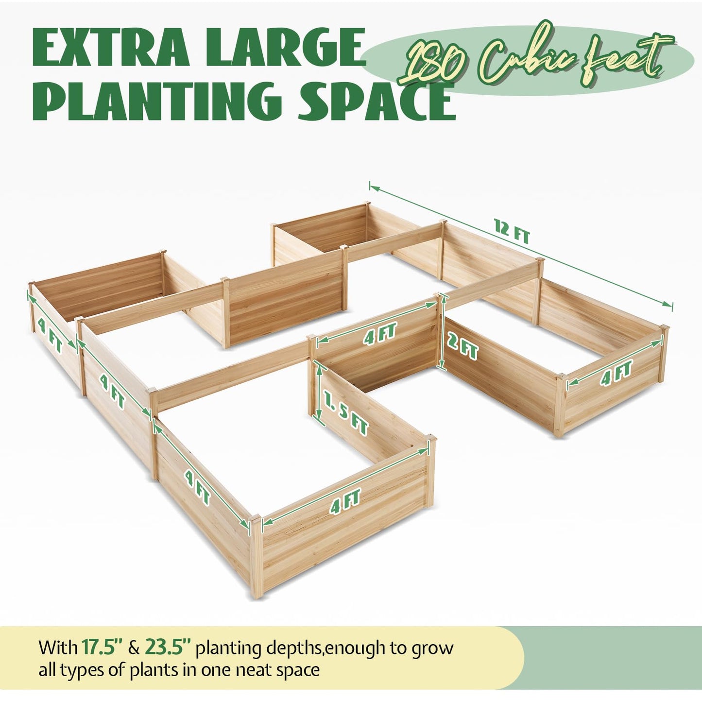 Jocisland H-Shaped Raised Garden Bed, 12x12x2 ft, 180 cu. ft Capacity, Double-Layer Wooden Planter Box for Outdoor Patio Garden