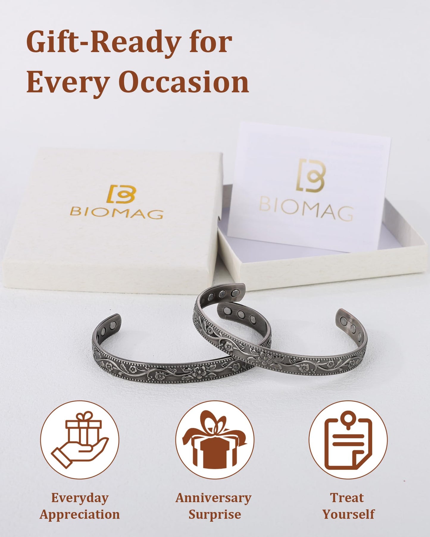 BioMag 2 Pcs Magnetic Copper Bracelets for Men, 99.99% Pure Copper Cuffs with 3500 Gauss Magnets, Adjustable Size, Intricate Floral Pattern, Antique Silver