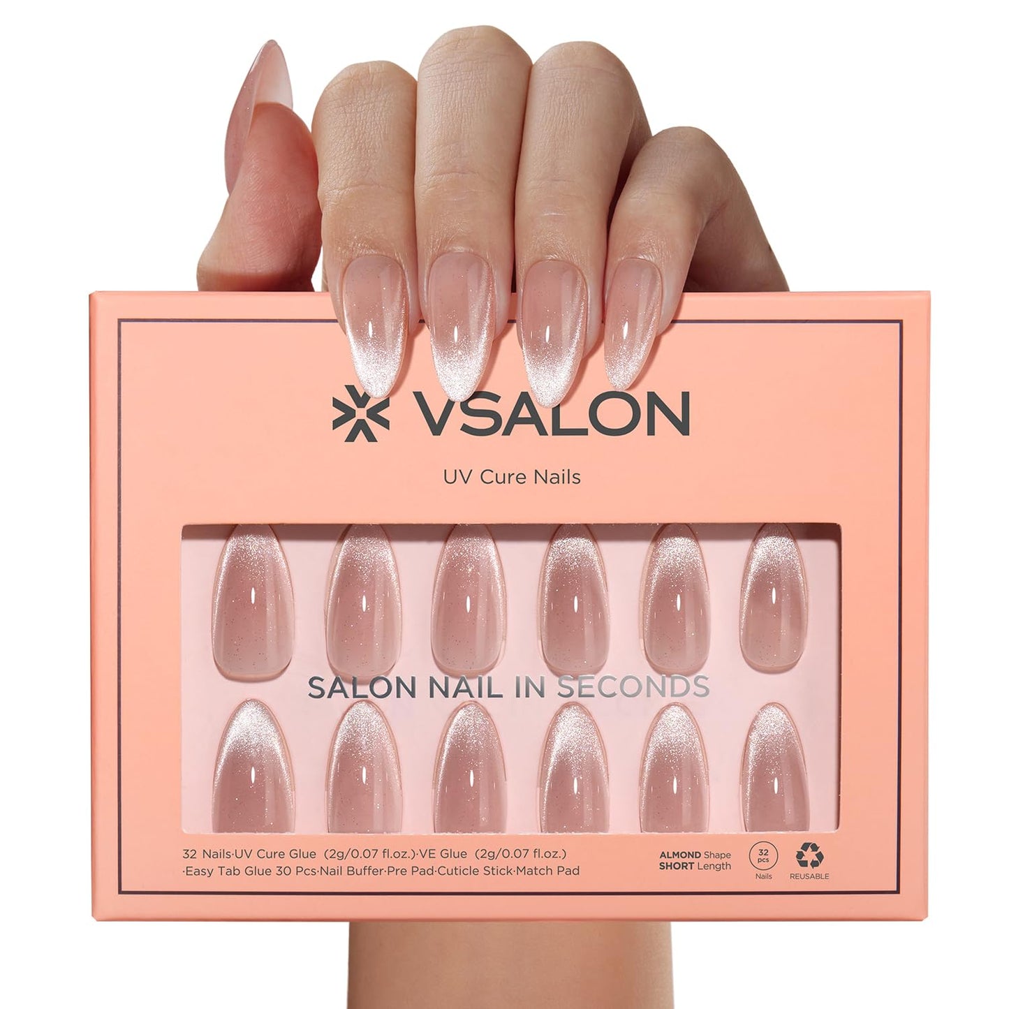 VSALON Press On Nails Almond Medium, Cat Eye French Tip Nude Pink Sparkly Fake Nails With UV Glue Reusable Semi-transparent Spring Wedding Stick On Nails 32 Pcs 16 Sizes