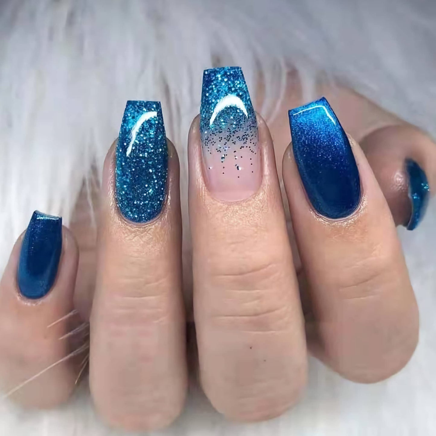 MISUD Press on Nails - Medium Coffin Glue on Nails with Blue Ombre, Acrylic Bling Glitter Design 24 pcs