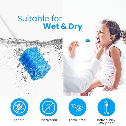 Oral Swabs Disposable 200 Count – Longer Handle Medical-Grade Sponge Mouth Swabsticks, Individually Wrapped - Latex-Free, Non-Abrasive Oral Sponge Swabs for Elderly, Home & Hospital Use (Blue)