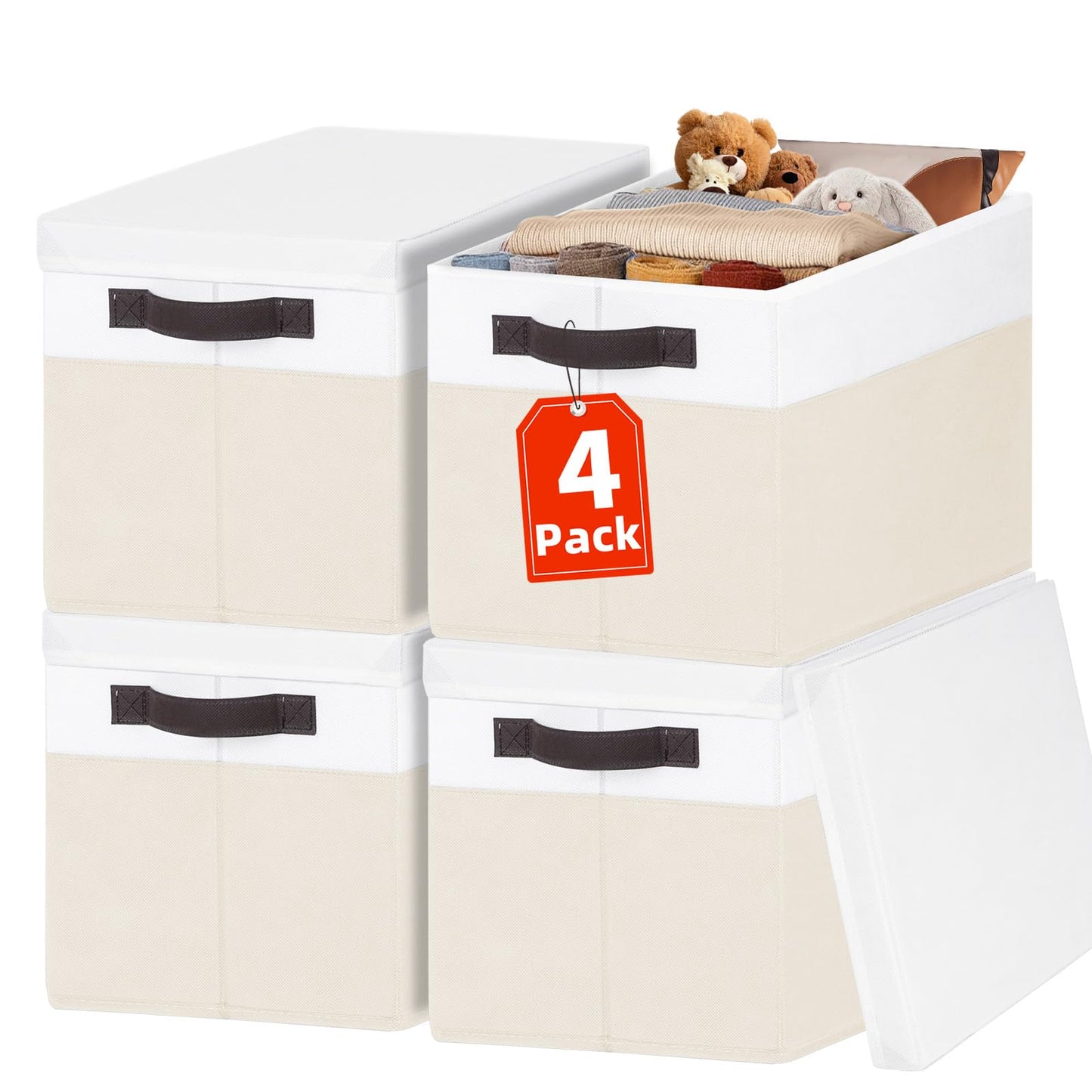 Large Nursery Closet Organizer Bins with Lids 4 Pack - 23 QT Decorative Storage Baskets for Living Room Bedroom Shelf - Stackable Storage Boxes with Lids Handles for Clothes Sweater Book Towel Purse