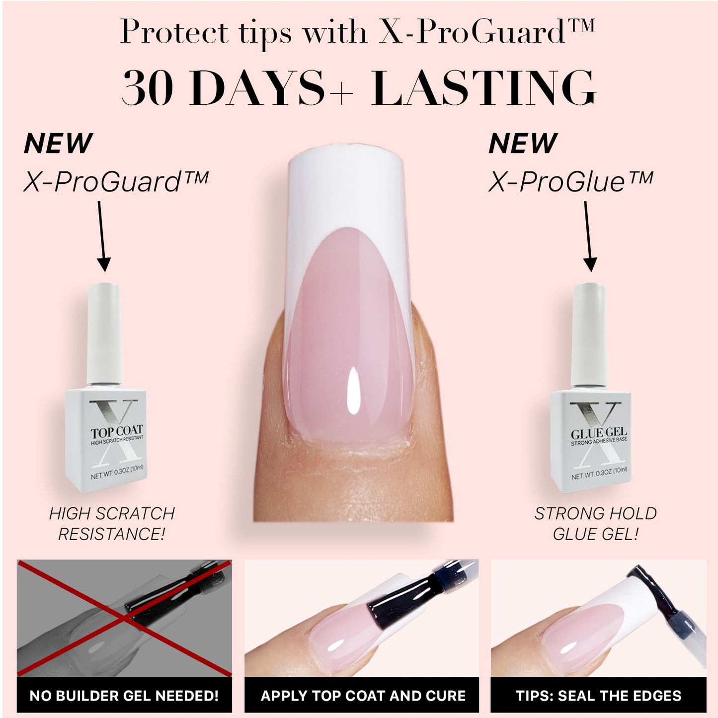 SXC Cosmetics French Tip Press On Nails Pink Medium Square 150 Pieces in 15 Sizes Ultra Fit with Pre-applied Tip Primer and Base Coat, No Need to File Fake Nails for Nail Art DIY X-Pro Tips