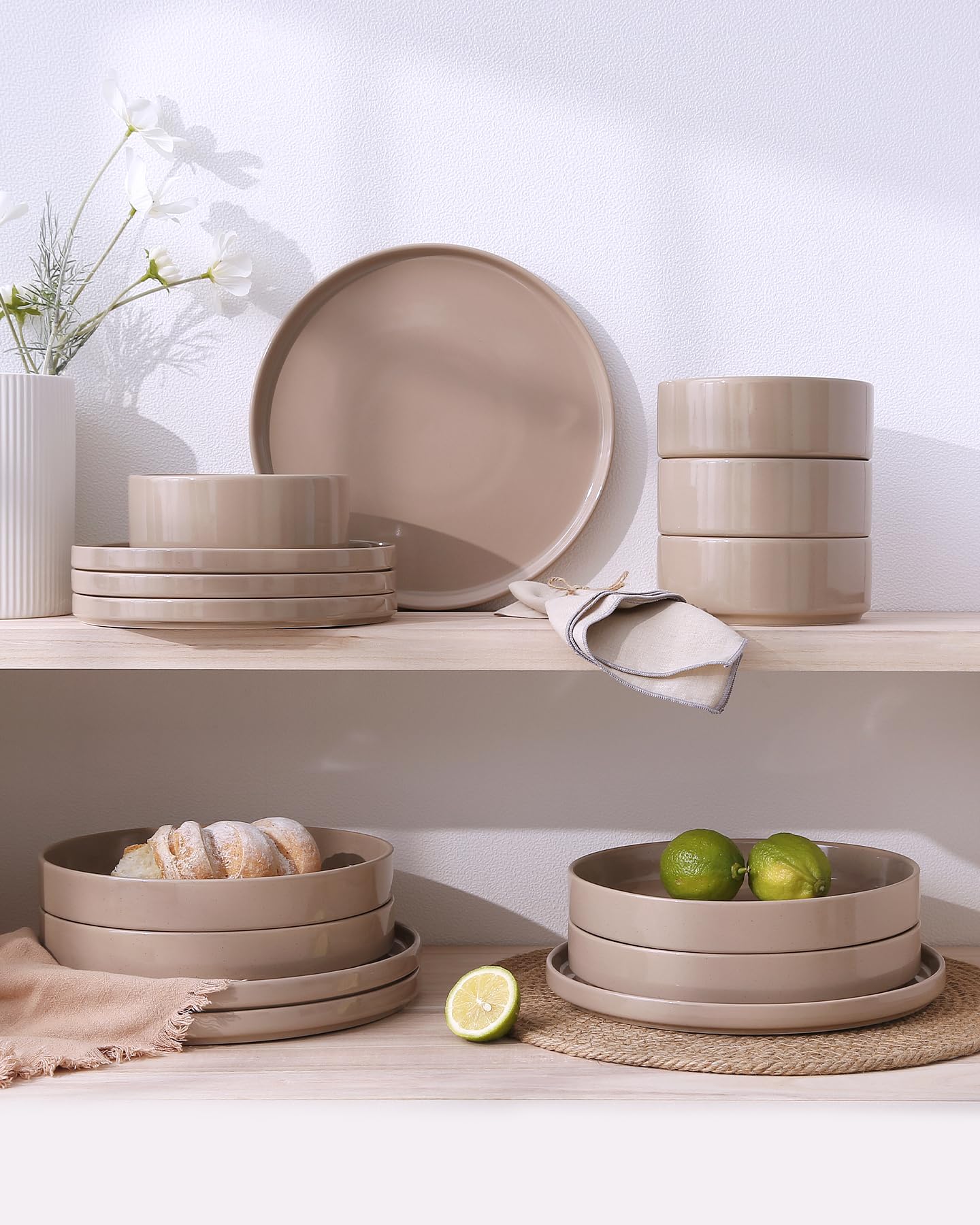 Famiware Nebula Plates and Bowls Set, 12 Pieces Dinnerware Sets, Dishes Set for 4, Cinnamon Brown
