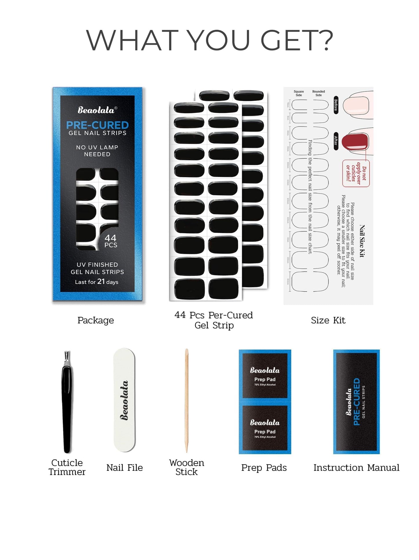 Beaolata Real Gel Nail Strips (No UV Light Needed) - 44Pcs Salon Quality Nail Stickers - Long Lasting Polish Wraps for Women, Easy Apply & Remove (Obsidian Black)