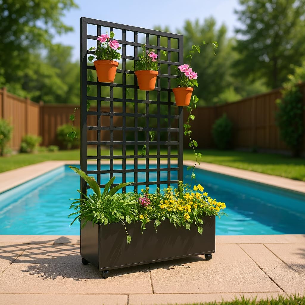OUTLANE Metal Planter Box, 72"x35" with Square Lattice Trellis Planter Box, Galvanized Raised Garden Bed on Wheels, Garden Bed with Trellis, for Climbing Plants & Vines, Black