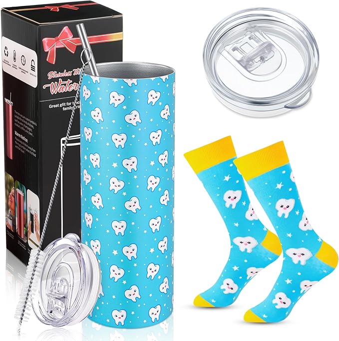 Umigy 2 Pcs Dental Assistant Gifts 2025 Dental Hygienist Appreciation Gifts 20 oz Teeth Print Tumbler with Lid and Sock for Women for Nurse Week Appreciation Dentist Christmas Birthday(Blue)