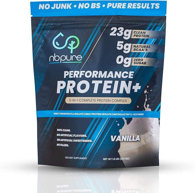 nbpure Performance Protein+: Natural Protein Blend- 23g Whey Isolate & Concentrate + Milk Protein Isolate– Clean, Healthy Protein Powder – Nothing Artificial, Vanilla