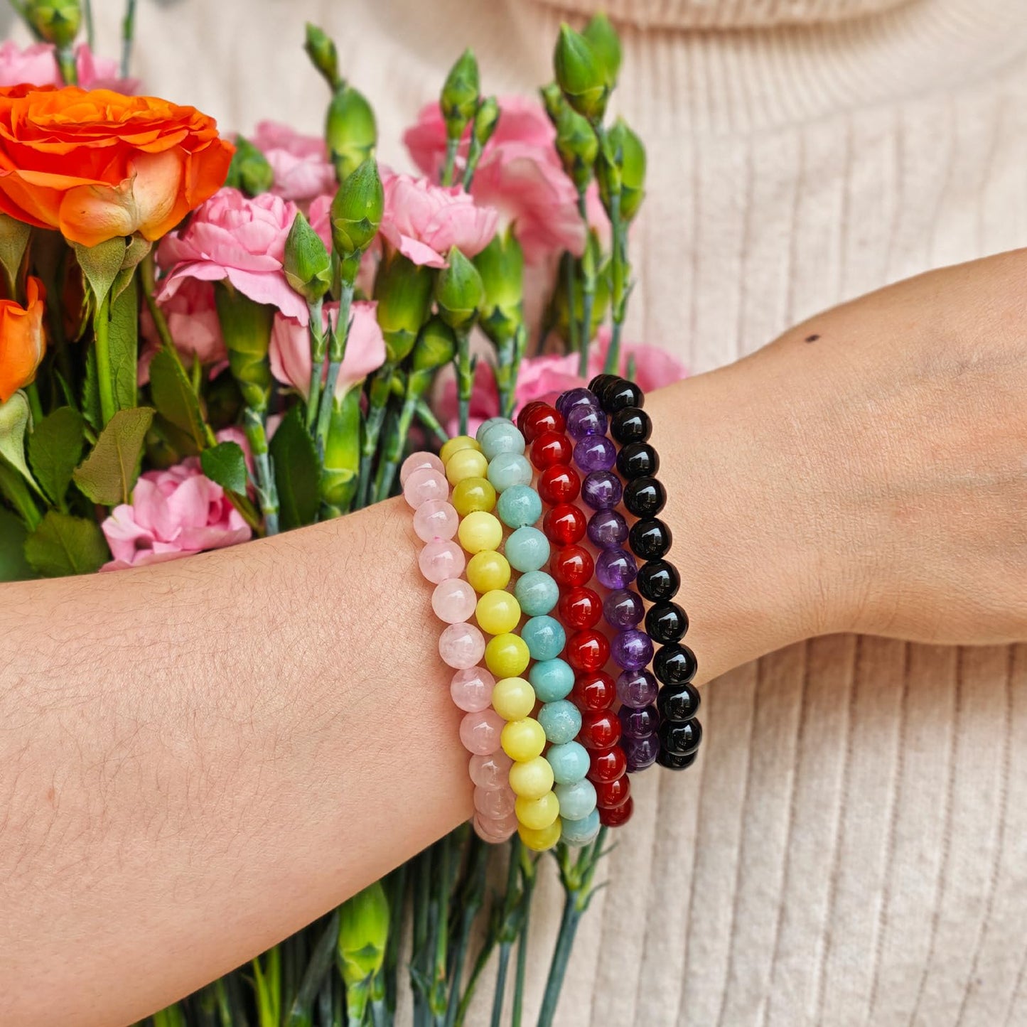 Handmade Natural Gemstone Elastic Bracelet - Healing Crystal Beads Jewelry, Unisex (Indian Agate, 8mm)