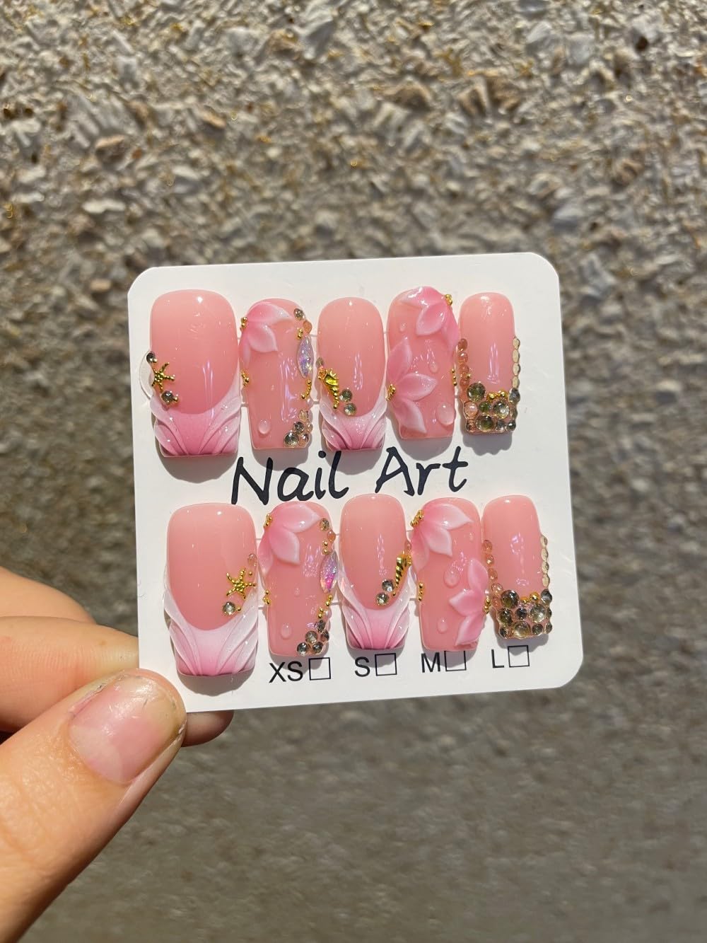 Vokupoga Handmade Press on Nails Square Medium French Tip Fake Nails with 3D Rhinestones Flower Designs Summer Glossy Acrylic Nails for Women 10Pcs(Size M)