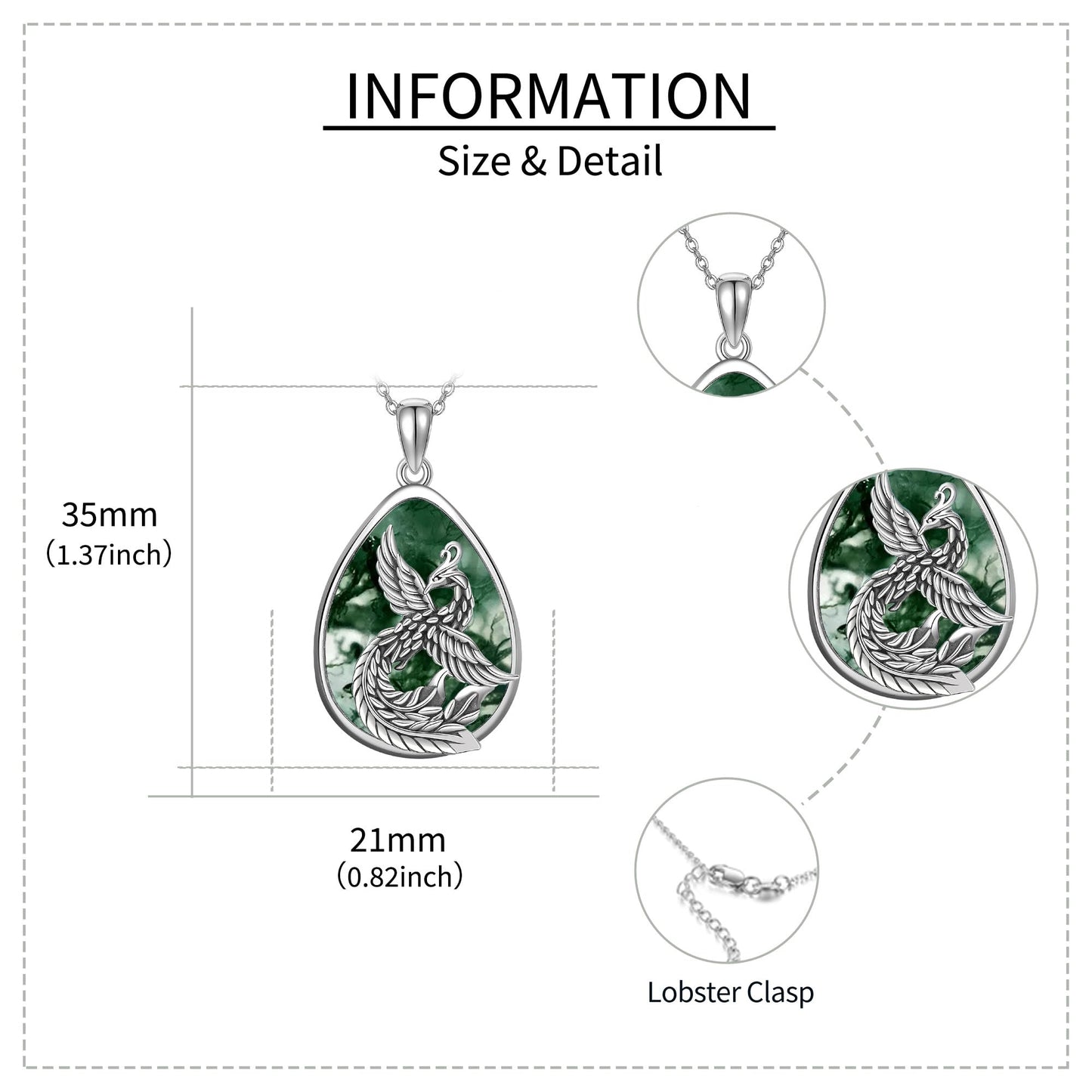 YAFEINI Phoenix Necklace Moss Agate 925 Sterling Silver Phoenix Pendant Mother's Day Jewelry for Women Mom
