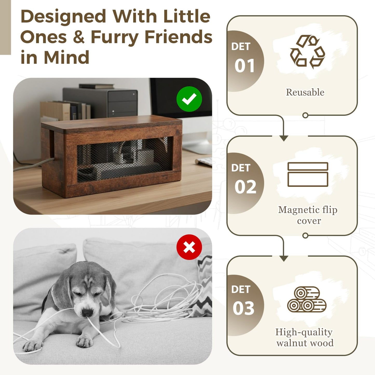 Chunful Extra Large Cable Management Box, 16'' Wood Cord Hider Organizer with Ventilation Nets & Organizer for Power Strip, TV Wires & Desk Cable Storage, Magnetic Lid Hide Floor Cables