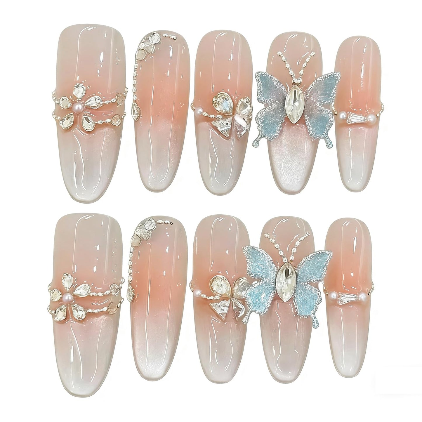 NEUQL Stiletto Elegant Almond Shaped Nails in Pink and White Embellished with Rhinestone Butterflies Handmade Stiletto Press on Nails 3D Luxury Press on Nails (S) - 10 Pieces