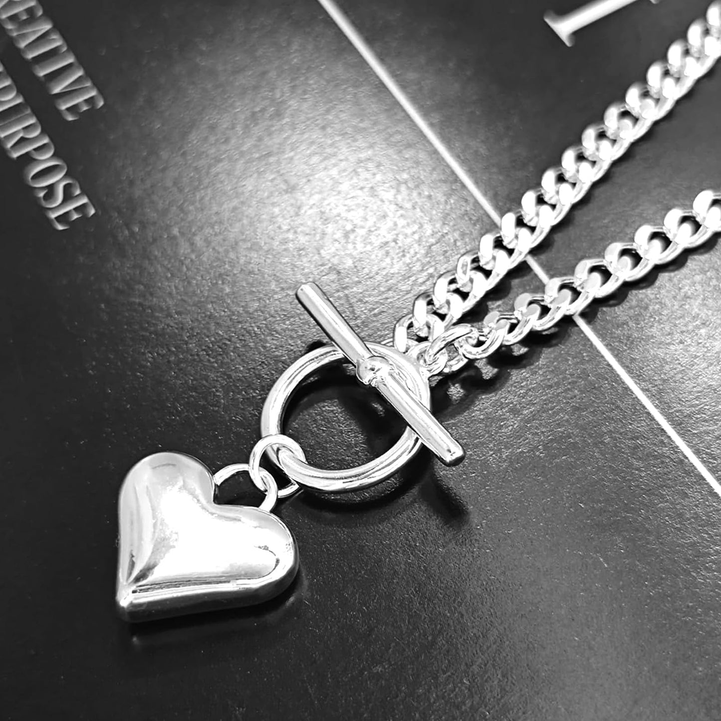 Zeffy Silver Chunky Puffy Heart Necklace Big Heart Chain Link Necklace Toggle Clasp Heart Charm Necklaces Women Jewelry