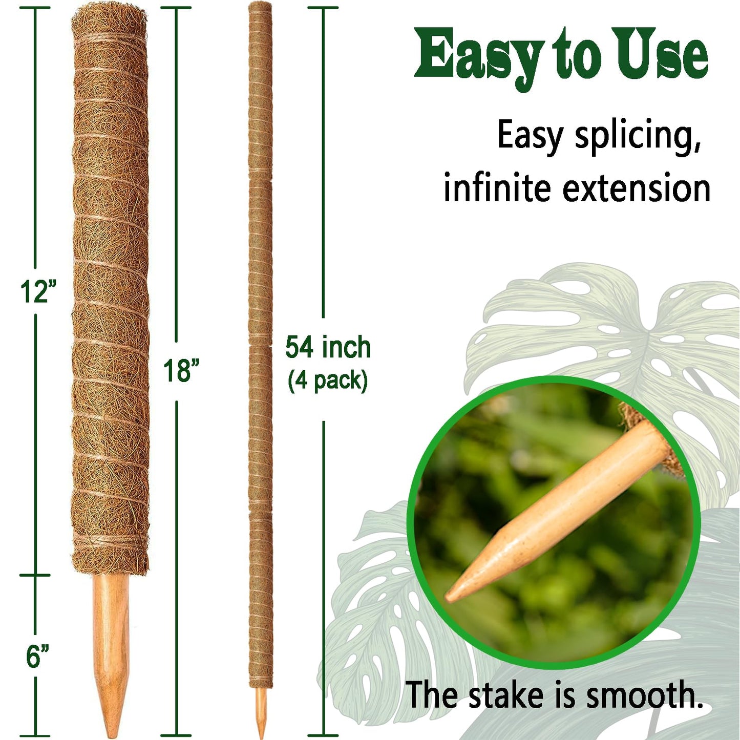 4 Pack 18 Inch Moss Pole, Stackable Moss Poles for Climbing Plants Monstera, Tall Plant Sticks Accessories, Large Coir Plant Support Stakes for Potted Plants Indoor, Pothos, Philodendron