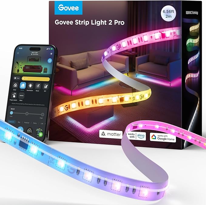 Govee RGBWWIC Strip Light 2 Pro with Matter, 6.56ft Smart LED Strip Lights Compatible with Alexa and Google Assistant, Color Changing LED Lights for Bedroom, Cabinet, Party, Gaming Desk, Home Decor