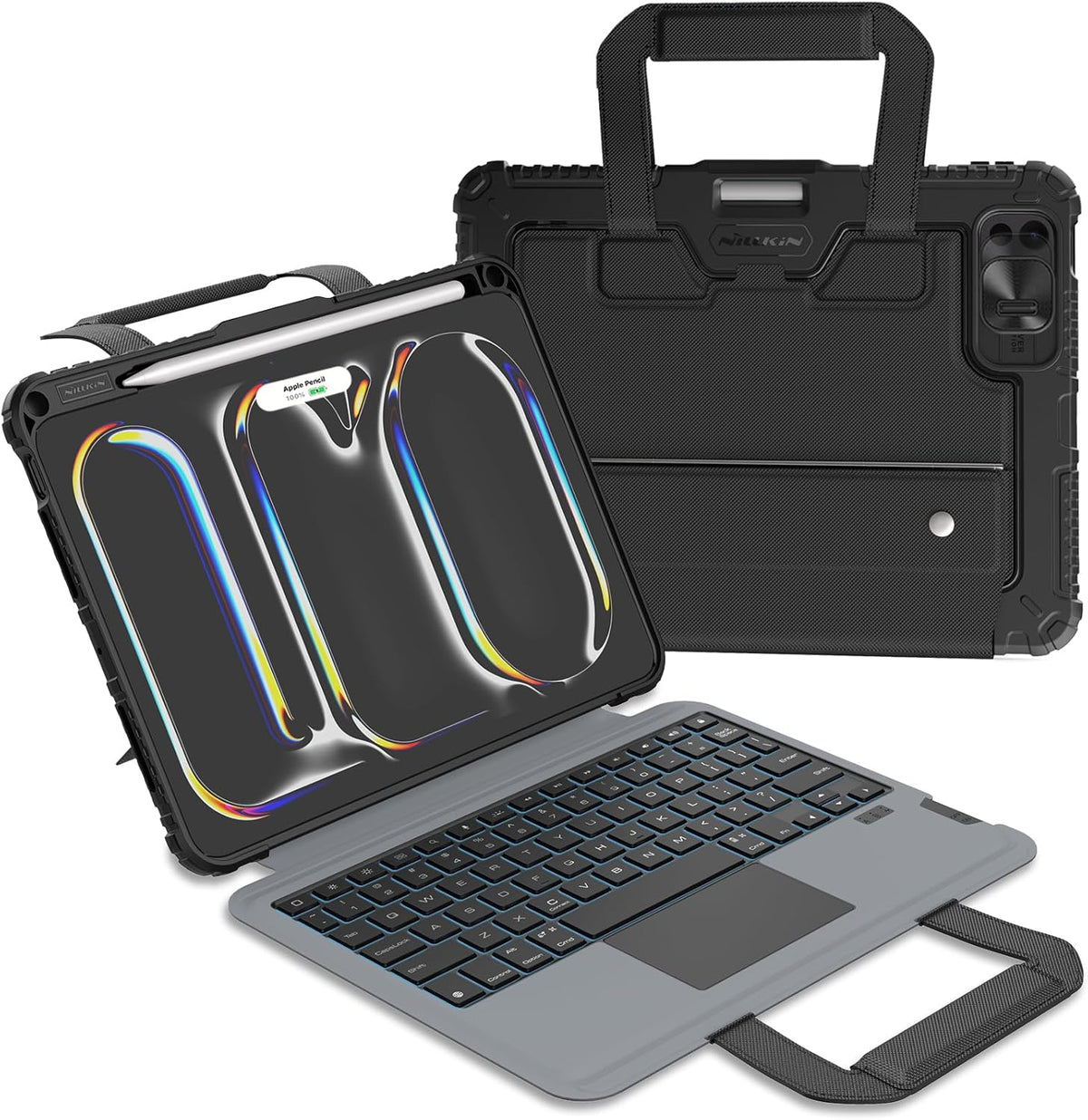 Nillkin Carry Go Keyboard Case for iPad Pro 11 inch (M4) 2024 with Handle, Rugged Case with Detachable Keyboard for iPad Pro 11, Magic Trackpad, 7 Colors Backlit, Camera Cover, Black