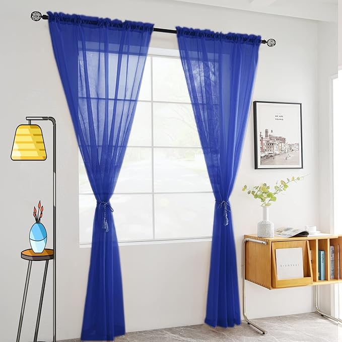 SpaceDresser Sheer Voile Window Treatment Rod Pocket Curtain Panels for Kitchen Bedroom Living Room Drapes Sunlight Filtering Privacy Semi Home Decor Assorted Colors Sizes (Sapphire, 52 W x 90 L)
