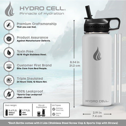 HYDRO CELL Stainless Steel Insulated Water Bottle with Straw - For Cold & Hot Drinks - Metal Vacuum Flask with Screw Cap and Modern Leakproof Sport Thermos for Adults (Frost 18oz)