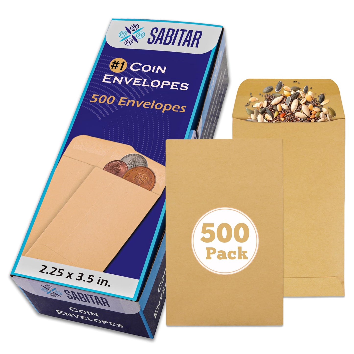#1 Coin Envelopes Durable Kraft 2.25"x3.5", 500 Pcs Small Key Envelope with Gummed Flap, Seed Envelopes for Storing Seeds, Tip Envelope for Cash