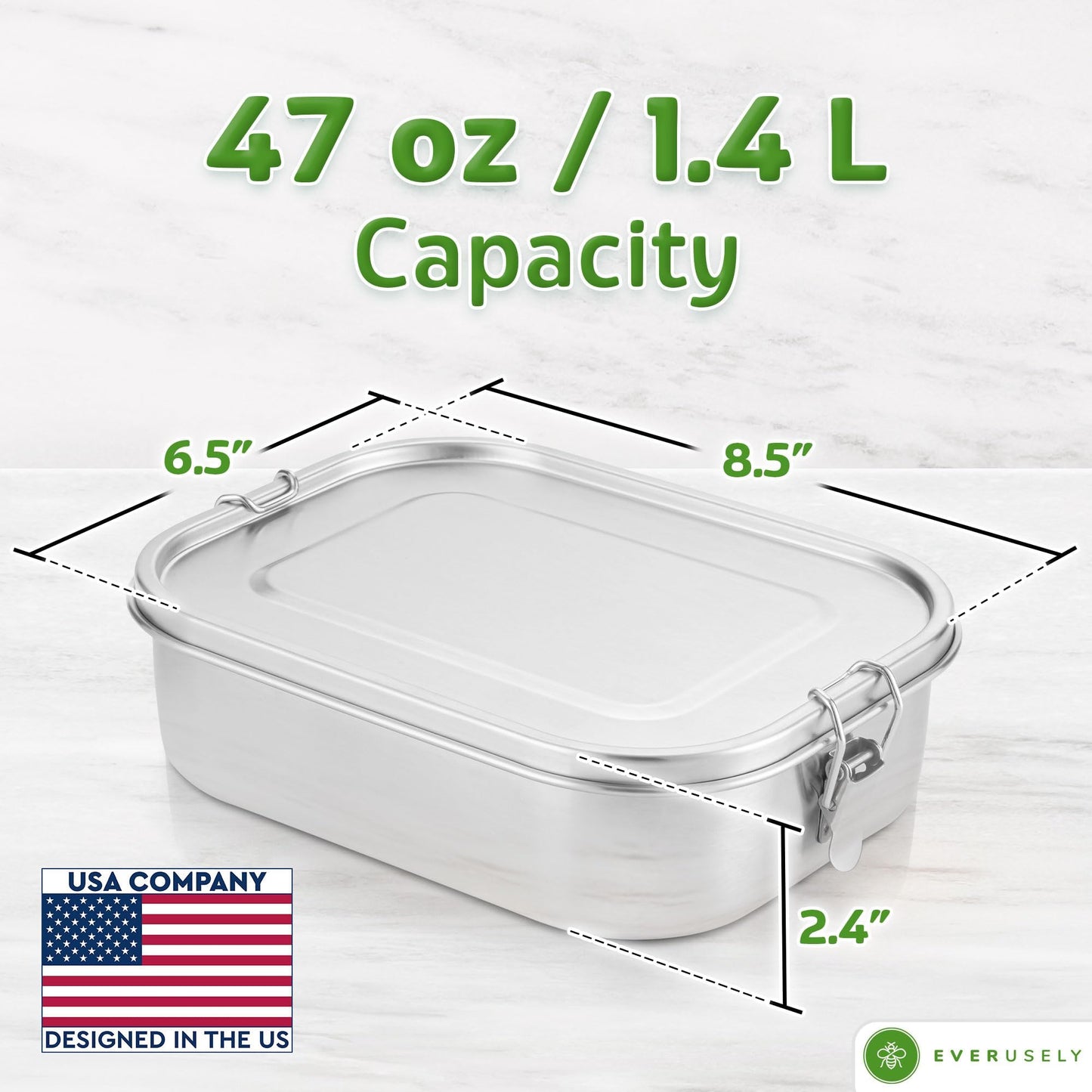 Everusely - Bento Box - Stainless Steel Lunch Box for Adults - 47 oz, 1.4 L - 5 Compartment Snack Container with Removable Silicone Seal + Secure Lock Clips - Non Plastic, Leakproof, Dishwasher Safe