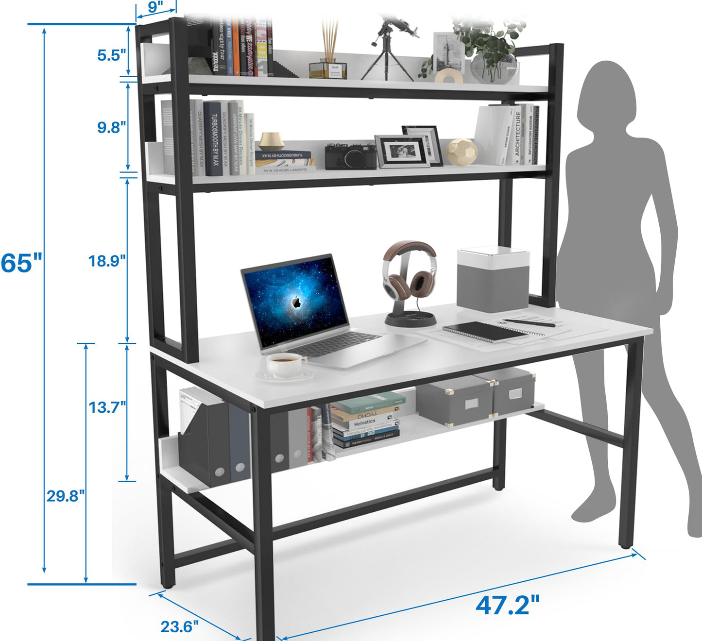 Aquzee Computer Desk with Shelves, 47" W x 23.6" D Gaming Desk with Hutch and Bookshelf, White Study Table for Bedroom Space Saving with 3 Tier Storage Shelf, Home Office Desk for Writing Work