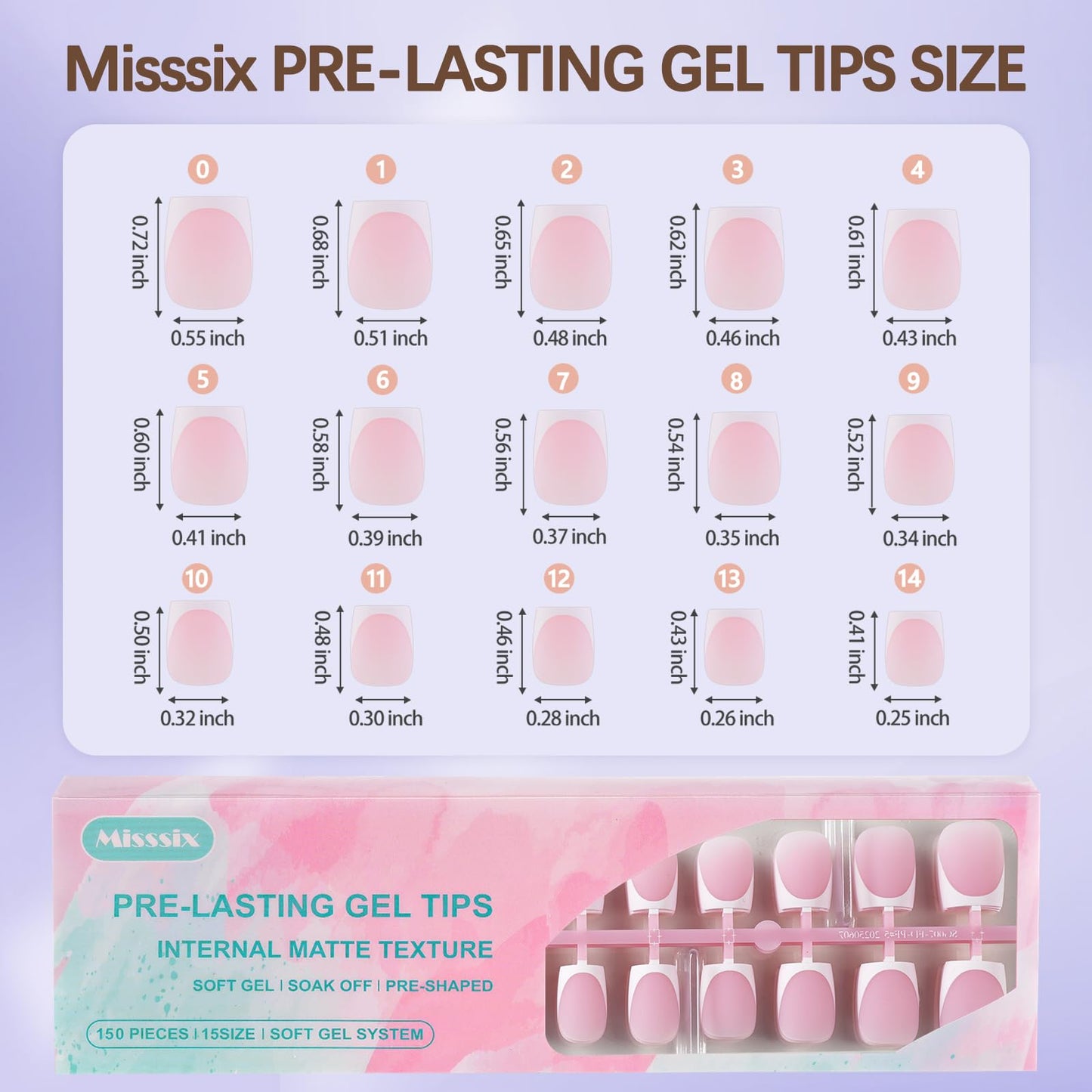 Misssix French Tip Press On Nails, 150Pcs French Gel Nail Tips Short Square, Pink White Soft Gel Fake Nails, X-BASIC Tips Starter Kit for Nail Art DIY 15 Sizes