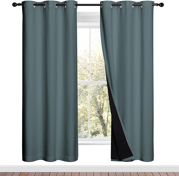 NICETOWN Full Shade Curtain Panels, 37" Wide x 70" Long, Greyish Blue, Pair of Thermal Insulated & Energy Efficiency Blackout Drapes for Living Room, Lined Silky Performance Window Dressing
