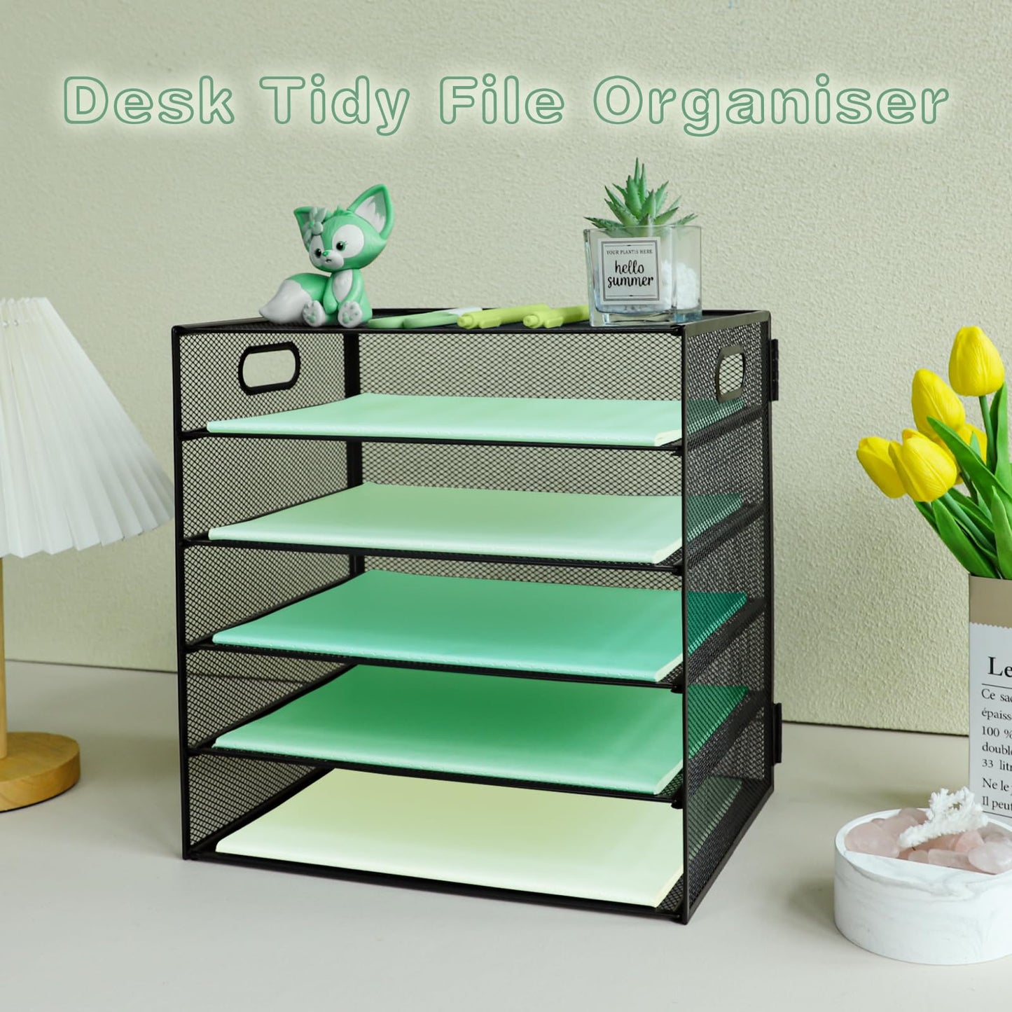 IOUGDSEC Paper Letter Tray with Handle, 5 Tier Metal Mesh Desk File Organizer, A4 Paper Desktop Filing Trays, Desk Tidy Magazine Document Holder for Home Office, Black