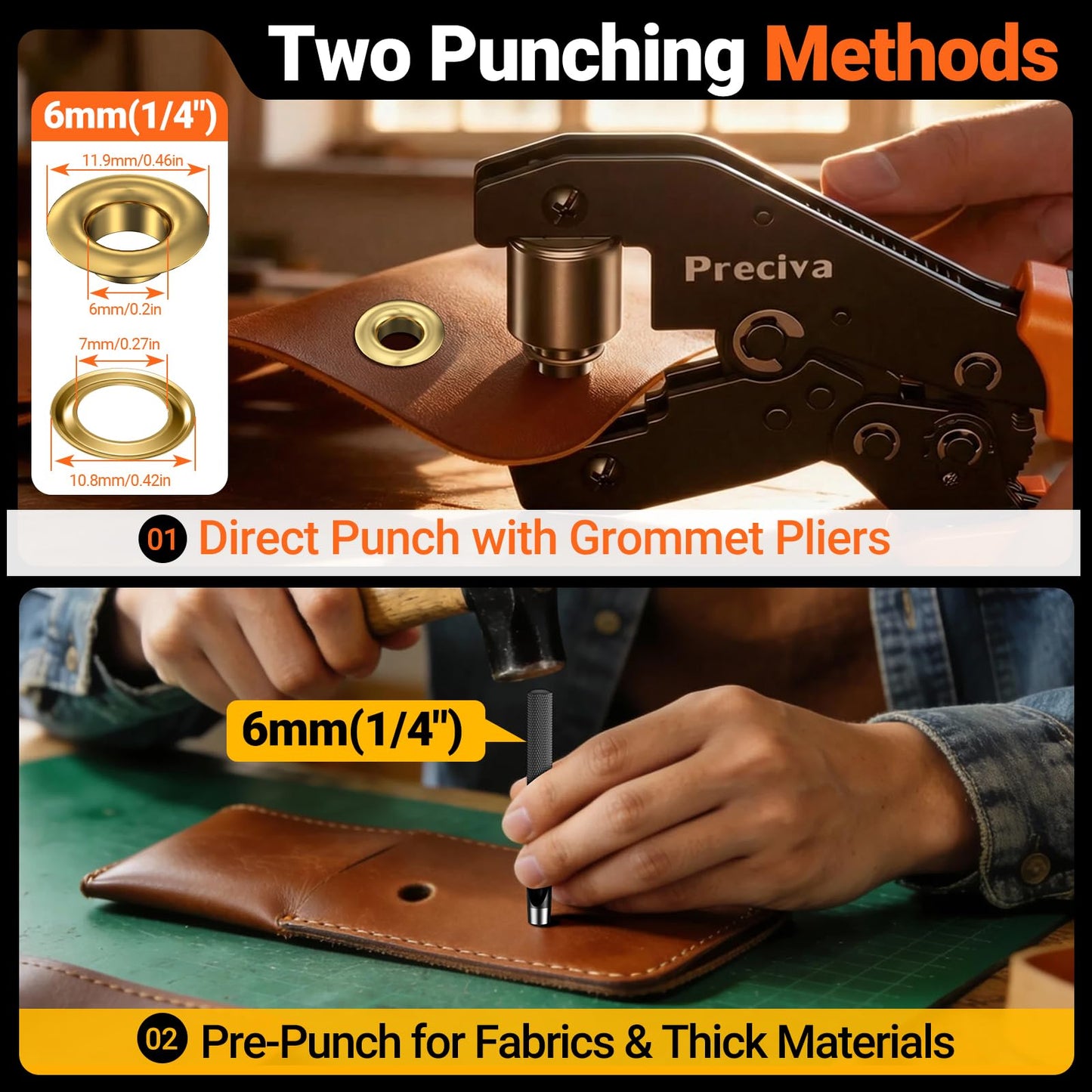 Preciva Grommet Eyelet Pliers Kit, Handheld 1/4 Inch 6mm Manual Grommet Press Machine with 300 Pcs Gold & Silver Eyelets, Storage Bag and Hole Punch for Tarp, Fabric, Banner, Canvas DIY Crafts