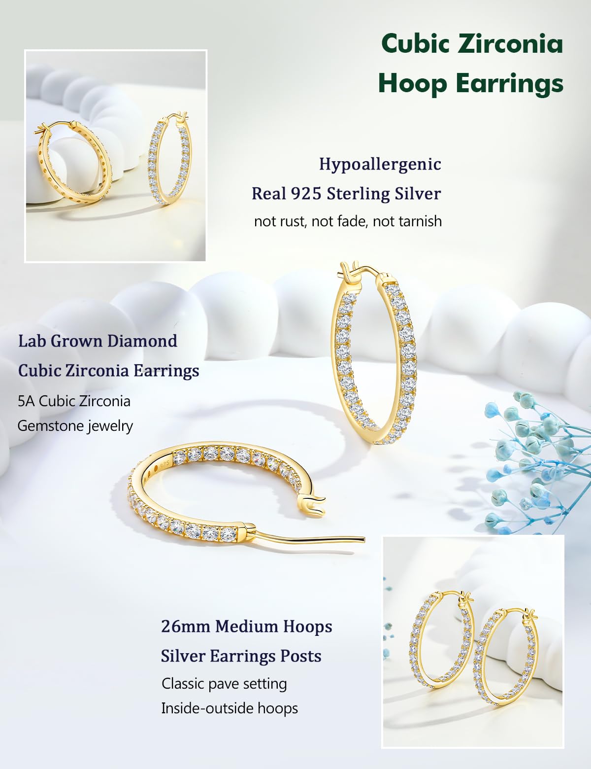 RANDES 14K Gold Plated Cubic Zirconia Hoop Earrings Trendy Sterling Silver Post Cretaed Diamond Earrings 26mm Medium Hoop Earring Wedding Jewelry