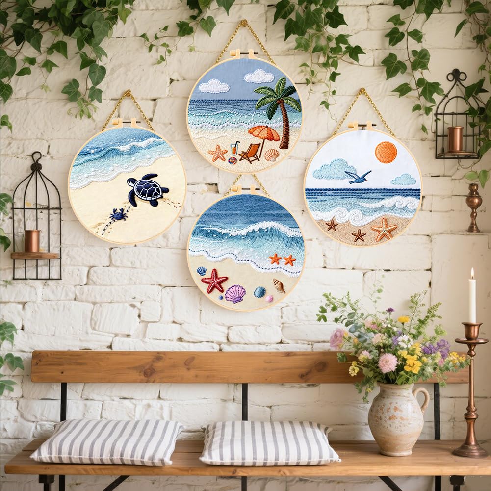 FREEBLOSS 4 Set Embroidery Kit for Beginners Adult Beach Stamped Embroidery Starter Kit with Instructions Needlepoint Accessories and Supplies for Craft Lover Hand Stitch, 2 Hoops 11.6"/29.5cm