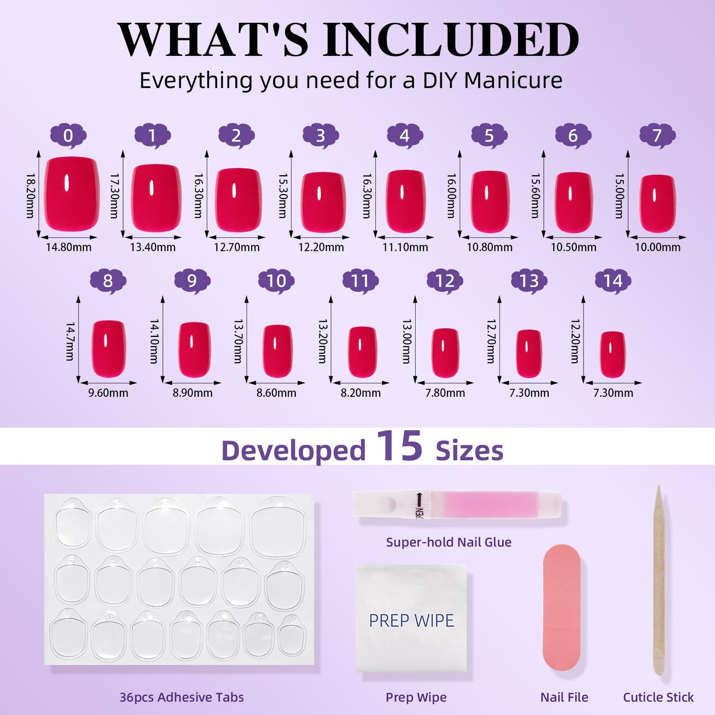 Hot Pink Press On Nails - Short Square Press On Nails with Glue for Women, Reusable Fake nails in 15 Sizes, 30 Stick On Nails