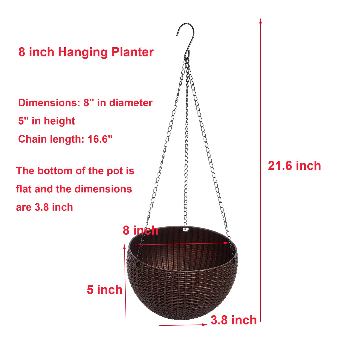 THUSIBER Hanging Basket Plastic Flower Pot Round Resin Garden Hanging Planter for Indoor Outdoor Plants 2 Pack Brown