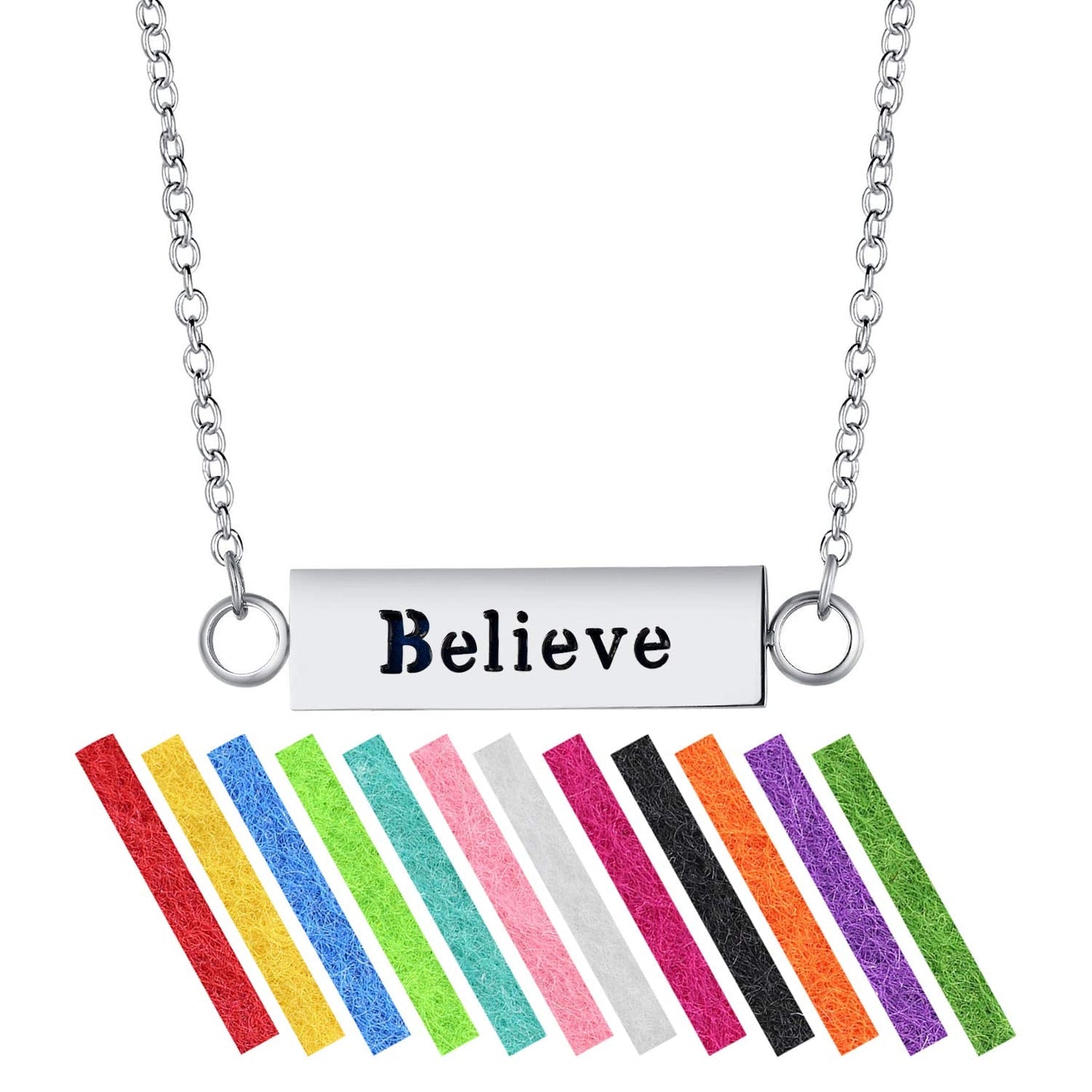 Wild Essentials "Believe" Essential Oil Diffuser Bar Necklace Gift Set - Includes Aromatherapy Pendant, 24" Stainless Steel Chain, 12 Color Refill Pads