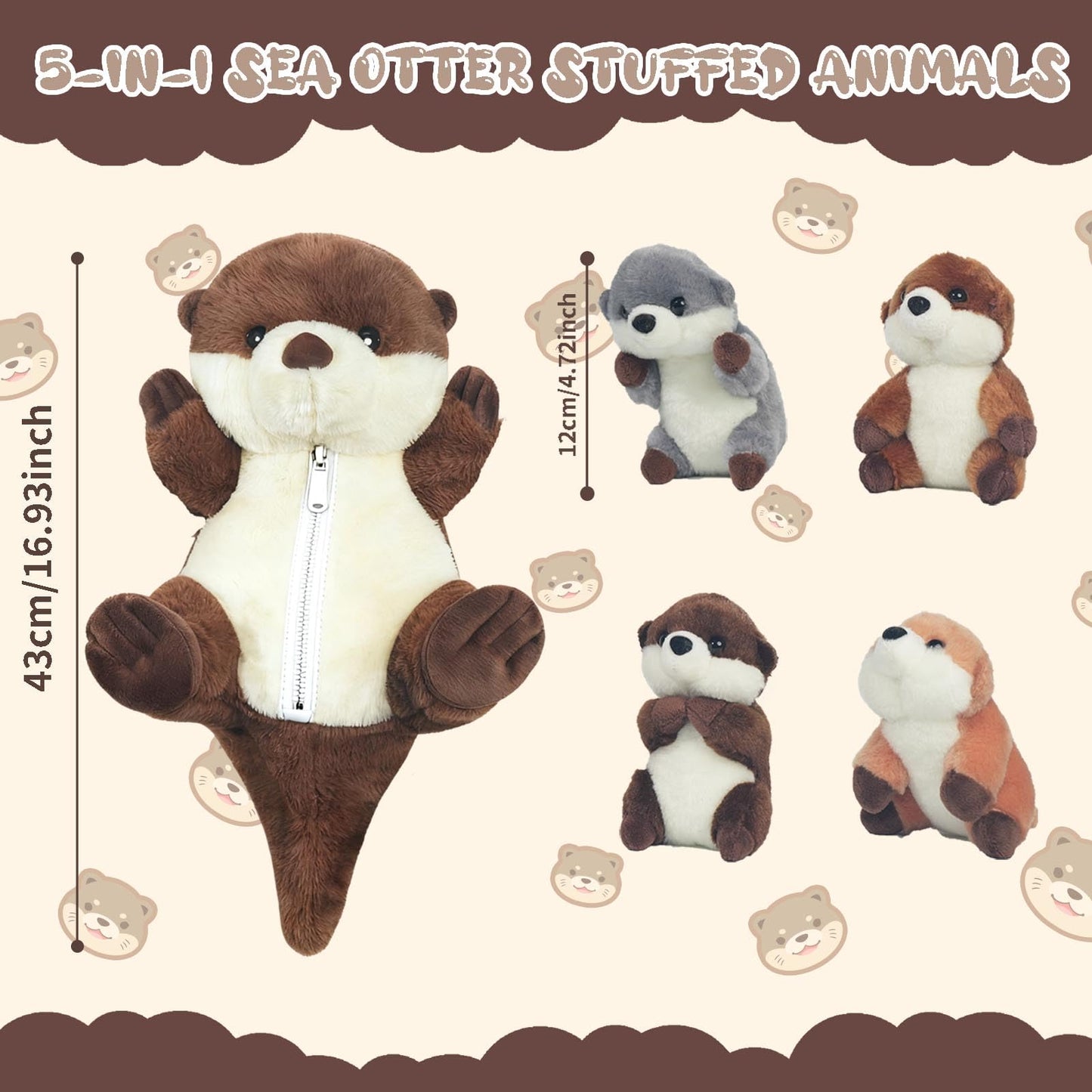 XYHQYB 5 PCS Sea Otter Stuffed Animals, Large Mommy Otter Plush with 4 Babies Stuffed Otters Inside, Soft Cuddly Otter Plushies Pillow Toy Gift for Kids Easter Birthday Christmas Ocean Party