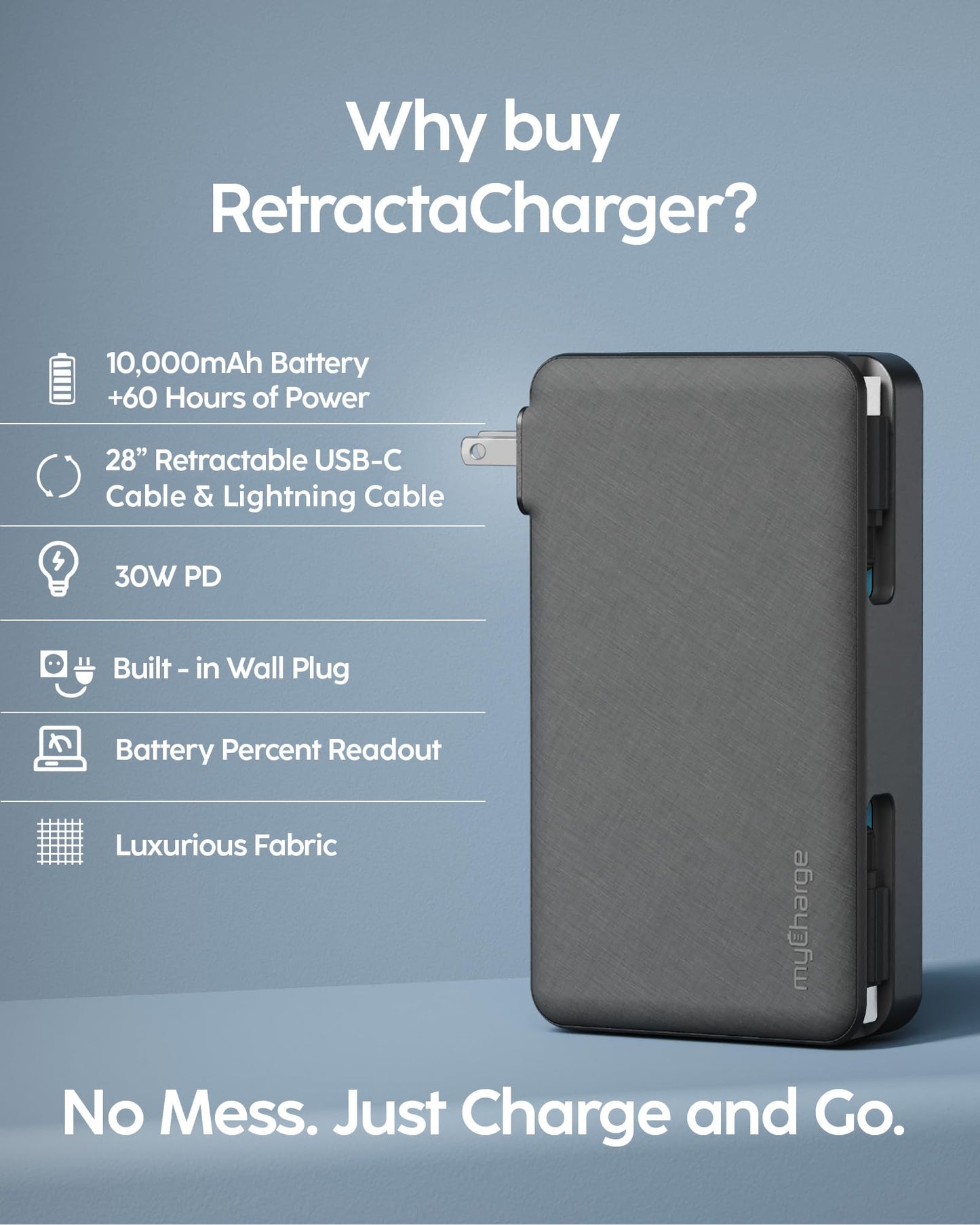 myCharge RetractaCharger+ 10000mAh Portable Power Bank - 28" Retractable 1 USB-C & 1 Lightning Cables | Built-in Wall Plug | Digital Display | USB-C/A Ports | Up to 60 Hours of Power | Black